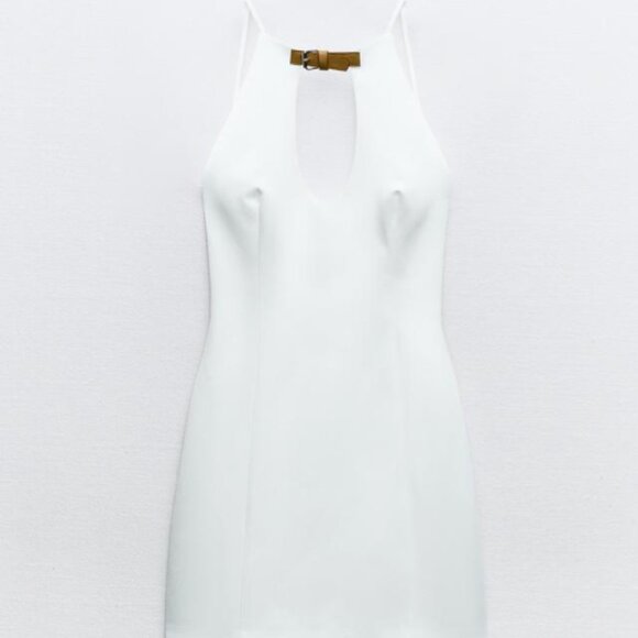 ZARA White Halter Collar Backless Summer Dress with Buckle Belt - Picture 3 of 6